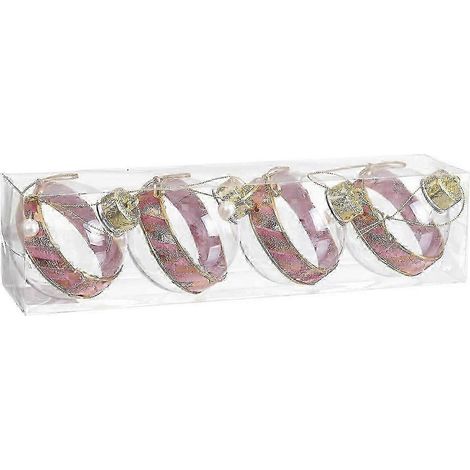 Boules de Noël roses transparentes dorées en plastique, lasso en tissu, 8 x 8 x 8 cm (4 unités)