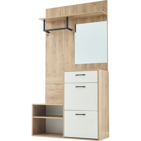 Meuble d'entrée avec miroir, meuble à chaussures et porte-manteaux 100x38,5x190 cm blanc bois (1/5)