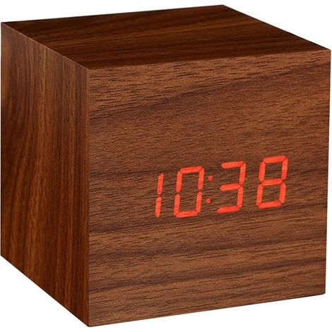 Réveil numérique cube en bois, horloge de voyage portable, affichage de l'heure, de la température et du calendrier, marron (1/5)