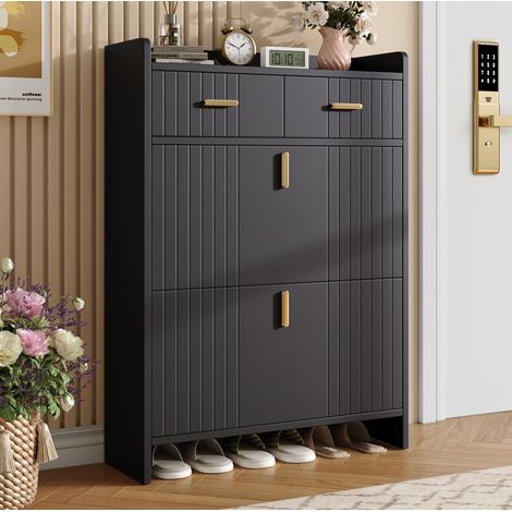 REDOM Scarpiera 75x24x108.5 cm, 2 ribalte e 1 cassetto, vano inferiore aperto, pannelli di particelle, nero (1/5)
