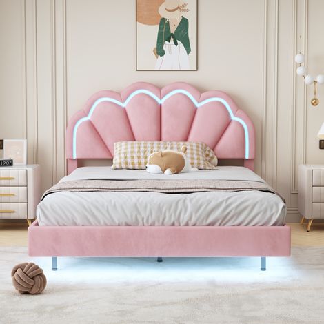 Letto imbottito 140 x 200 cm, letto matrimoniale, con luci LED e testiera, velluto (rosa) (1/5)