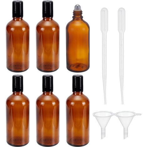 Lot de 6 flacons à bille vides en verre marron de 100 ml pour huiles essentielles, rechargeables, 12,9 x 4,5 cm, grand flacon roller de parfum, quartz rose, entonnoir (1/5)