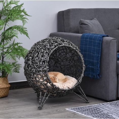Niche pour chat en rotin Ø52x58 cm, gris argenté, avec coussin, design moderne pour salon FLORAGRACE (1/5)