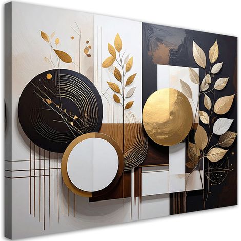 Toile Imprimée, Abstraction marron et beige de cercles et de feuilles,30x20 (1/4)