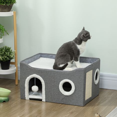 Maison pliante 60x40X34 cm gris pour chat avec griffoir, 3 entrées, coussin suspendu à boule réversible en moelleux et en lin
