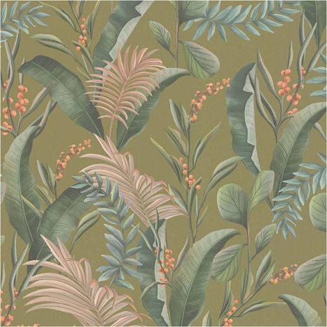 Flowers wallcovering wall Profhome 394363 hot embossed non-woven wallpaper slightly textured with floral ornaments matt green beige orange 5.33 m2 (1/5)