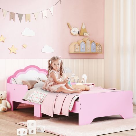 Lit enfant 70x140 cm avec barrière anti-chute et sommier à lattes, tête de lit en forme de nuage, rose