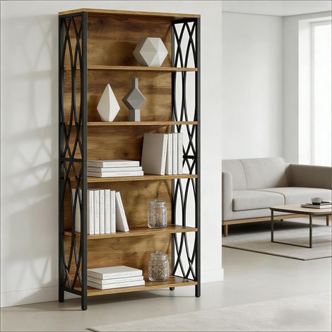 Bibliothèque ouverte en bois pour salon, étagère de rangement industriel, meuble colonne sans porte, 4 niveaux, 120x30x180 cm, style scandinave, idéal chambre ou bureau (1/5)