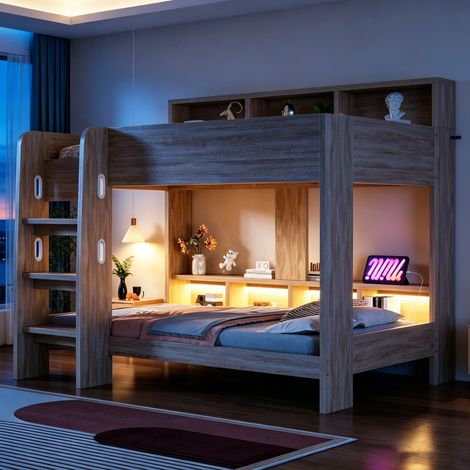 Lit superposé enfant 90x200 cm en bois avec rangement, barrières de sécurité et échelle, lit double avec LED et prise intégrée, structure robuste (1/5)