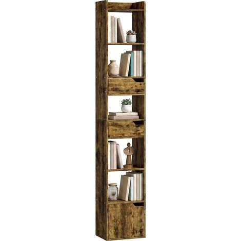 HOMCOM Bookcase Tall Narrow with 5 Tiers Drawers Rustic Brown