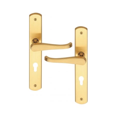 Ouvre&Déco – Lot de 2 poignées de porte LUCIA – Entraxe 195mm – Laiton poli satiné – Compatible portes avec serrures à relevage 3/5 points (1/2)