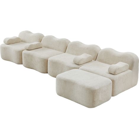 Divano modulare angolare a L 4 posti con 1 pouf, velluto beige, schiuma 32D, senza struttura interna (1/5)