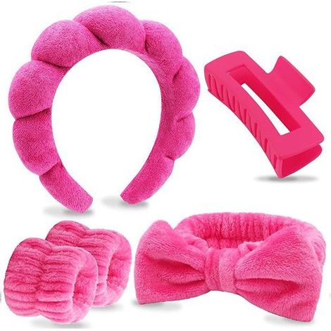 Set de 5 piezas: Diadema y muñequera de esponja, aptas para maquillaje, cuidado de la piel, suaves y absorbentes, para uso diario. Dimensiones: 17 x 18 x 4 cm. Color rosa intenso. (1/5)