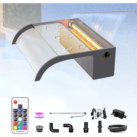 Kit de Cascade de 30cm pour Bassin, Lame de Cascade en Acrylique incurvée avec éclairage LED 7 Couleurs et Télécommande, Largeur 26cm (1/5)