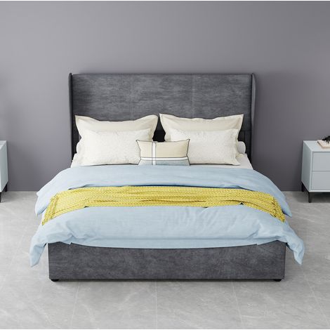 Stauraumbett mit gepolstertem Kopfteil Grau 140 x 200 cm OKWISH (1/5)