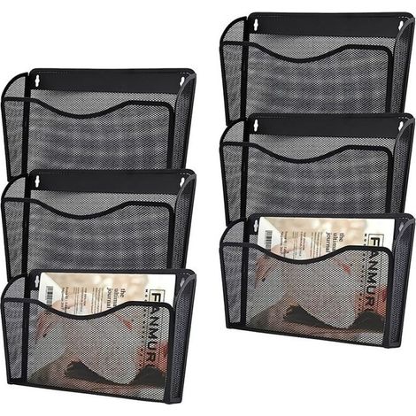 Lot de 6 organiseurs de dossiers suspendus en maille à une seule poche, porte-revues vertical, panier de fixation, porte-documents pour le bureau, la maison et l'école, noir (1/5)