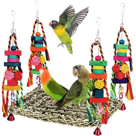 1 Hamac En Jonc De Mer, Jouet À Mâcher En Bois, Perchoir Pour Oiseaux, Cage Intérieure