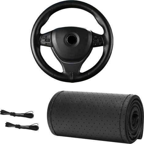 Funda de volante de cuero genuino de 38 cm, cosida a mano, antideslizante y transpirable para coche. (1/5)