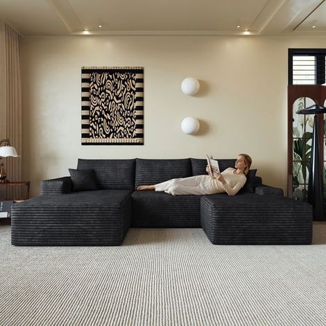 Canapé Modulable 270x175cm Aucun Montage - Canapé d'angle - 4 Places, Velours Côtelé Noir, Assise Extra Profonde, Style Minimaliste (1/5)