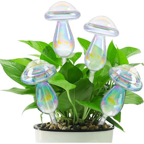 Juego de 4 bulbos de autorriego - Bolas de riego - Hongos - Vidrio de colores - Para plantas de interior, jardín y balcón
