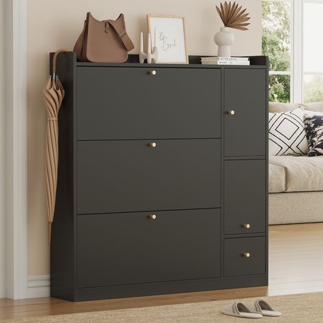 Schuhschrank mit 3 Klappen, klappbarer Sitzbank und Schublade, Schwarz, 119x24x122 cm (1/5)