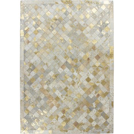 Tapis en Cuir Effet Mosaïque "Lavish" Ivoire & Or 120 x 170 cm (1/4)