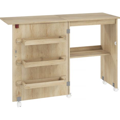 Table de couture pliante et meuble couture à abattant - Bois naturel - Avec bacs de rangement, étagère ouverte et roulettes - Pour couture - Design pratique (1/5)