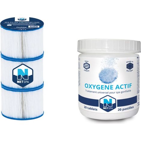 Pack de 3 cartouches de filtration 10,5 cm – 150 plis pour filtration optimale – 20 pastilles d'oxygène actif 20g – Compatible avec spas Netspa (1/3)