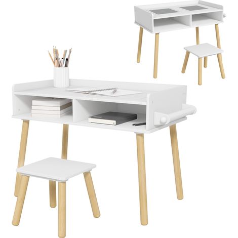 Ensemble table et tabouret pour enfants, plateau réversible et rouleau de papier, blanc (1/5)