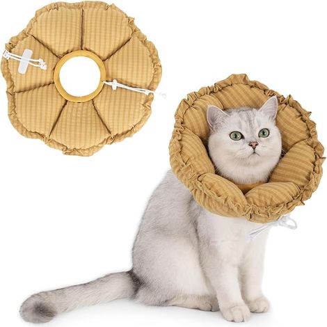 Collier de cou pour chat, Collier de cou réglable pour chat doux, collier de fleurs de récupération, collier de cou en forme de cône, pour chats, petits chiens après opération et blessures (Jaune, L) (1/5)