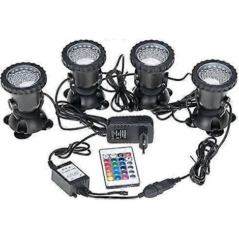 Projecteurs sous-marins étanches multicolores RGB pour aquarium, avec télécommande, pour bassin de jardin, aquarium et piscine, prise britannique (lot de 4). (1/5)