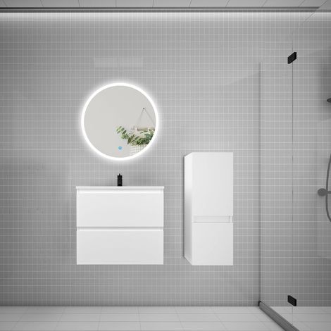 Ensemble meuble vasque L.60cm 2 tiroirs + lavabo + LED miroir rond 60cm + colonne,blanc