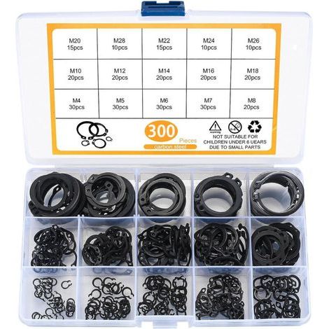300 Pièces E-clips Kit Anneau de Retenue Externe, Assortiment Circlips Snap, Bagues d'arrêt Circlips, M4-M28 (1/4)