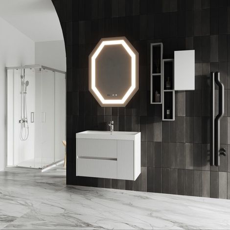 Schwebendes Badezimmermobil 80Cm Weiss Kanalisiert Mit Led-Spiegel  Cortina