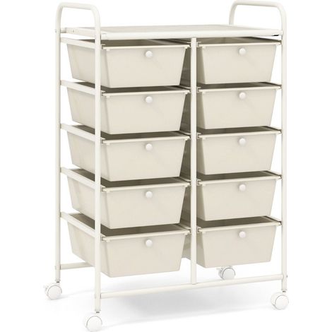 Carrito de almacenamiento con ruedas y 10 cajones, color blanco, organizador móvil