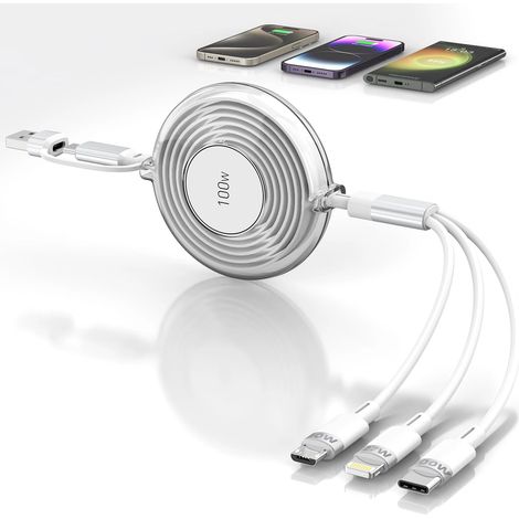 Câble de charge multiple 100 W, câble de charge rapide rétractable USB-C, adaptateur de charge multiple 5 en 1 avec connecteurs Lightning/Micro/Type-C (1/4)