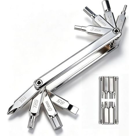 Multitout 8-in-1 Fahrradwerkzeugset aus Chrom-Vanadium-Stahl (40CRV) – 82 g leichtes Reparaturset für Mountainbikes und Rennräder – 2–6 mm Inbusschlüssel, T25, PH1, Schlitz – Faltbares Notfallset (1/5)