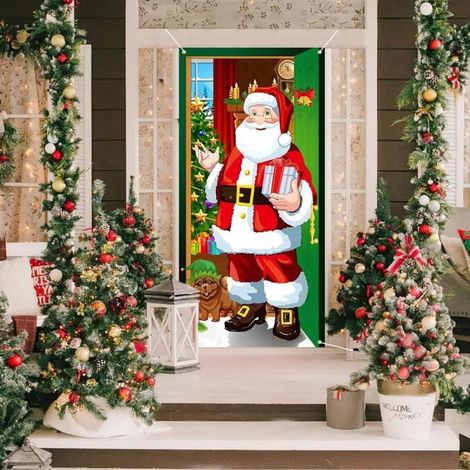 Bannière de porte - Joyeux Noël - Père Noël - Tissu lavable - 90 cm x 185 cm - Décoration extérieure (1/4)