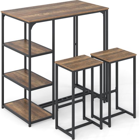 Gain de Place Ensemble Table Haute de Bar et 2 Tabourets avec 3 Étagères Mange Debout Marron Rustique pour Repas (1/5)