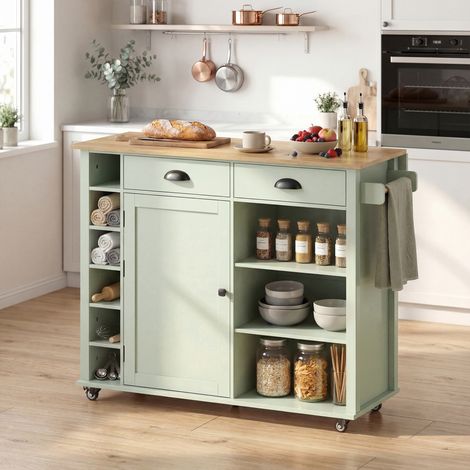 Isola cucina con piano pieghevole, carrello da cucina su ruote con 2 cassetti, portasciugamani, verde