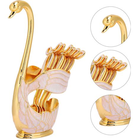 SJLERST Metal Coffee Dessert Spoon Set, 6 Pièces cuillères à café fourchettes de fruits Cygne Set de vaisselle légumes en acier inoxydable avec porte-cuillère en forme de cygne pour thé(Blanc Doré) (1/5)