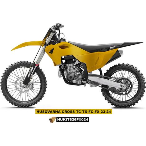 KIT COMPLETO DI PLASTICHE UFO CON PROTEZIONI TELESCOPICHE (AMMORTIZZATORI) PER HUSQVARNA TC 125 / 250 '23-'24, FC 250 / 350 / 450 '23-'24, FX 350 / 450 '23-'24, TX 300 '24, COLORE ORO