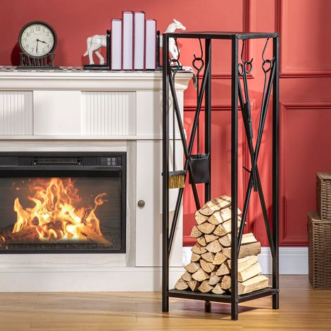 Soporte para leña Outsunny - Estante para leña de chimenea - Multiaccesorio, Dimensiones: 34 cm de largo x 34 cm de ancho x 111 cm de alto, Metal negro
