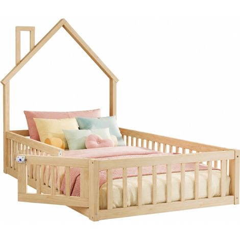 Lit cabane enfant 90x200 cm en bois naturel, gain de place pour chambre, sans matelas - FLORAGRACE (1/5)