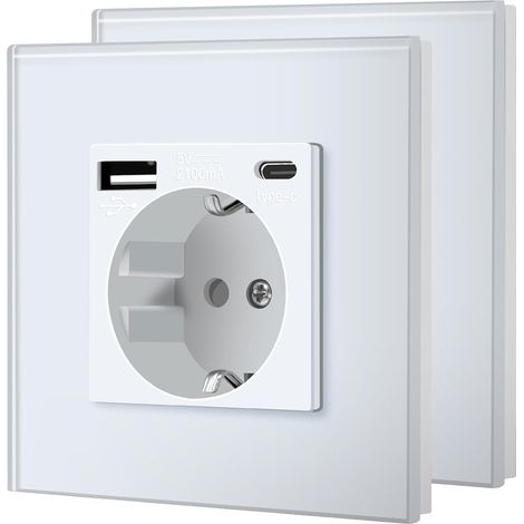 Prise murale, standard Schuko avec 2.1A USB C, panneau en verre, sécurité enfant, installation facile, 16 A 250 V, 1 prise USB C, 2 paquets, 86 mm, blanc (1/5)