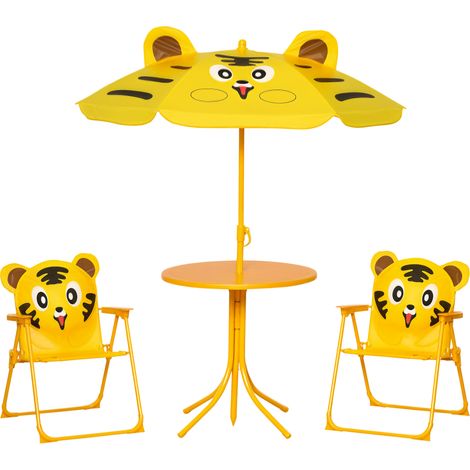 Table et chaises enfant 4 pièces : 2 fauteuils, parasol, table ronde jaune, acier et tissu Oxford pour extérieur