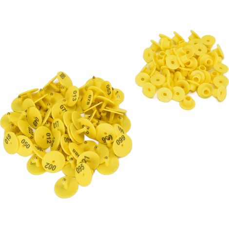 100 boucles auriculaires anti-chute pour bétail (porcs, renards, moutons), rondes et numérotées, jaunes (1/5)