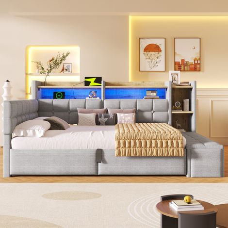 Lit banquette 140x200 velours - rangement hydraulique - led et usb-c - tablette et banc coffre - sans matelas - gris (1/5)