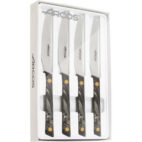 Set dedi 4 coltelli deTavolo Arcos Serie Flysch per carne. Coltelli da bistecca con Lama seghettata di Acciaio inossidabile NITRUM di 110 mm. Manico in polimetilmetacrilato.