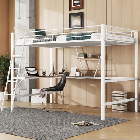 Lit 90x200 mezzanine avec bureau étagère métal blanc OKMYHOME (1/5)